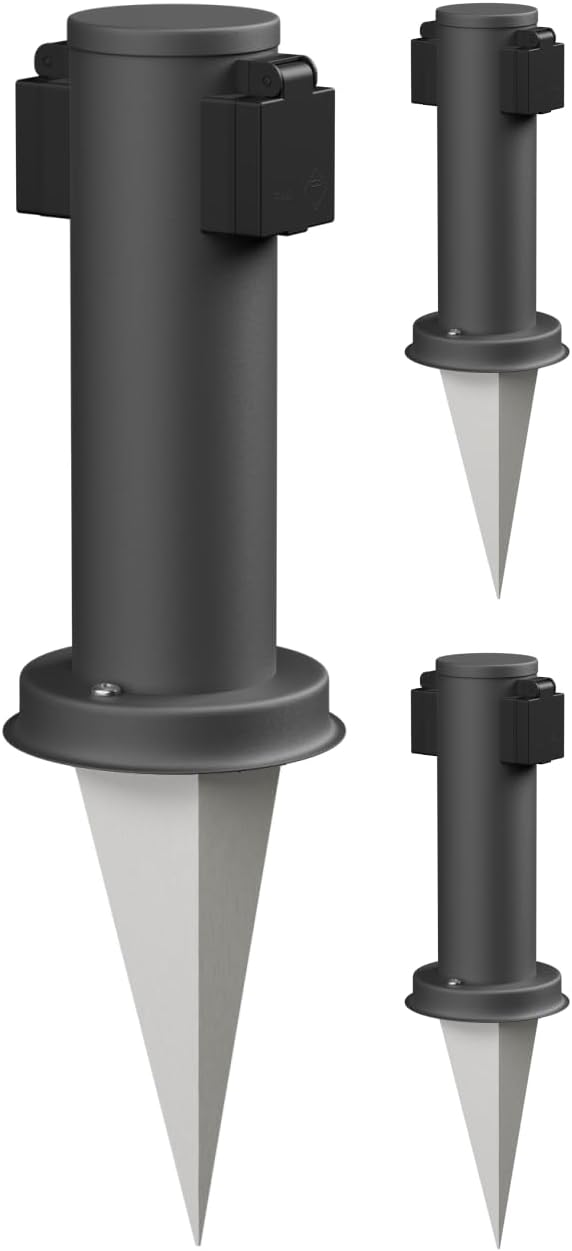 ledscom.de Aussensteckdose PORU mit Erdspiess, wetterfest, 2-Fach, Edelstahl, anthrazit, rund, 27cm,