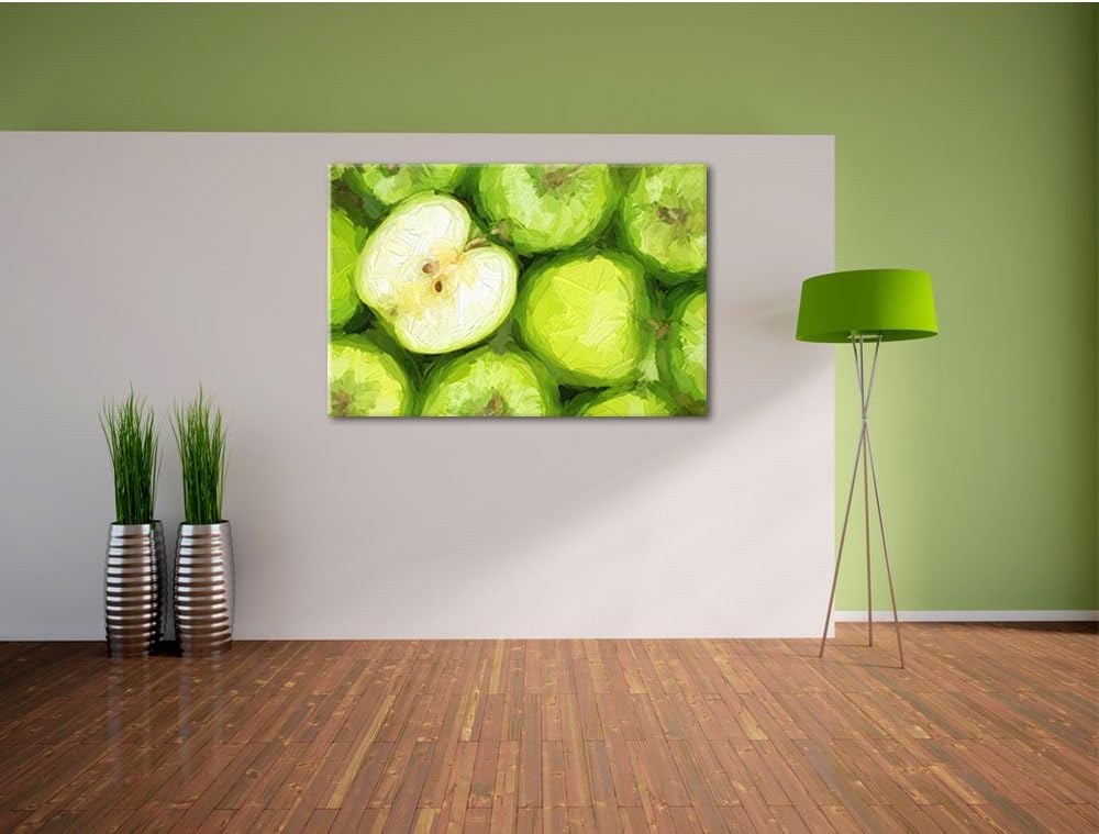Grüne Äpfel Pinsel Effekt, Format: 100x70 auf Leinwand, XXL riesige Bilder fertig gerahmt mit Keilra