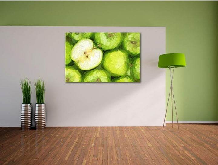 Grüne Äpfel Pinsel Effekt, Format: 100x70 auf Leinwand, XXL riesige Bilder fertig gerahmt mit Keilra
