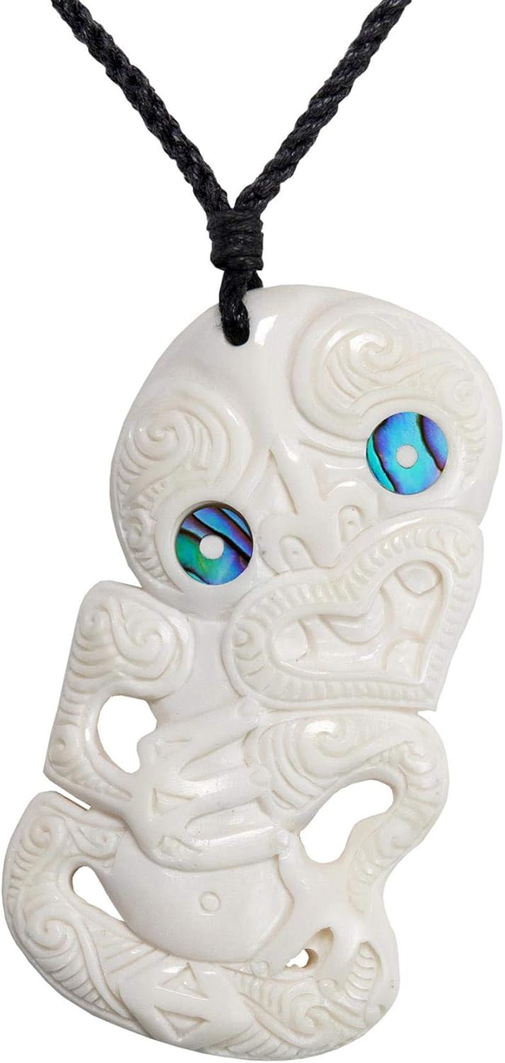 81stgeneration Unisex Geschnitzter Knochen Paua Abalone Augen Grosser HEI Tiki Anhänger Halskette