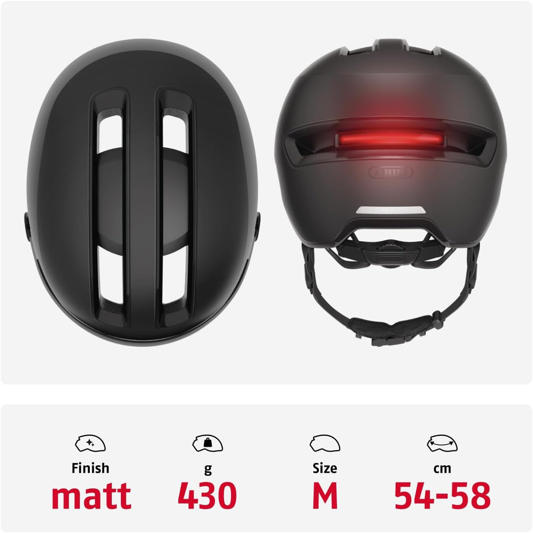 ABUS Stadthelm HUD-Y ACE - stylischer Fahrradhelm mit Visier und magnetischem, aufladbarem LED-Rückl