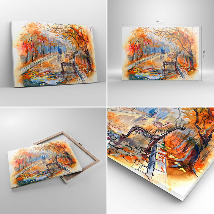 ARTTOR Bilder auf Leinwand Path Bench Herbst Frau Leinwandbild 70x50cm Wandbilder Dekoration Wohnzim