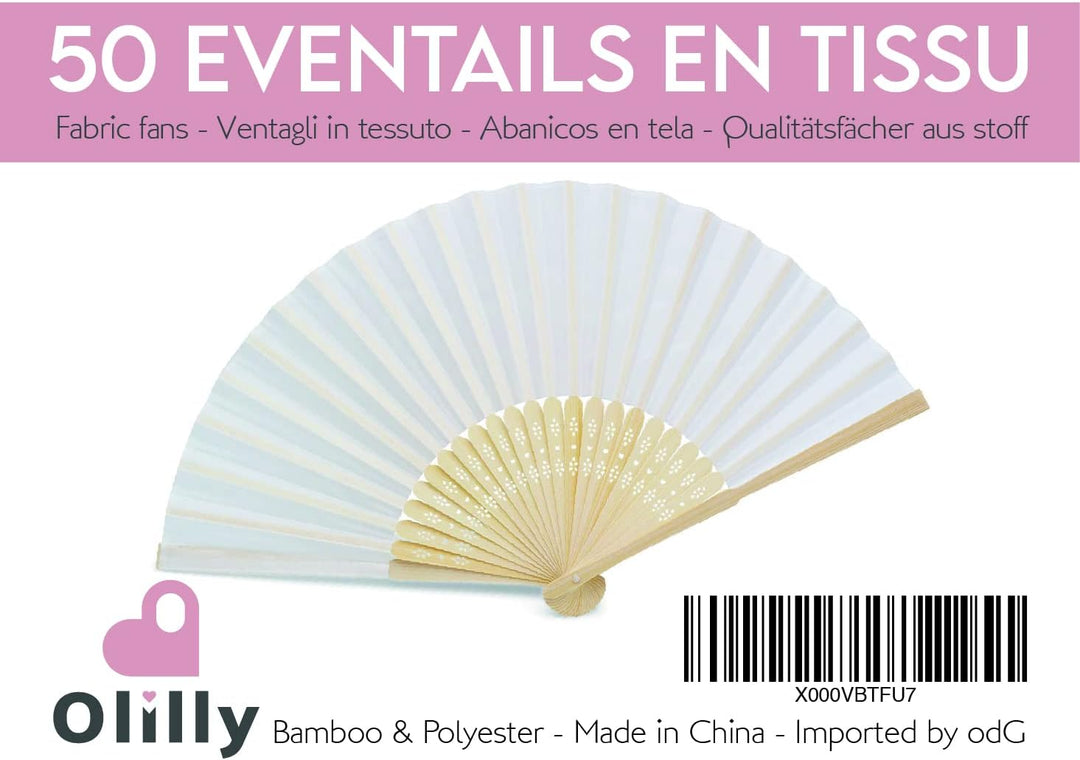 OLILLY 50 x Weisse Qualitätsfächer aus Stoff und Bambus – Für Hochzeit, Taufe, Feier oder Veranstalt