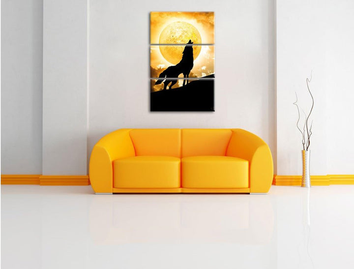 Pixxprint Wolf heult Mond an als Leinwandbild/Grösse: 3 Teilig (120x80) / Wandbild/Kunstdruck/fertig