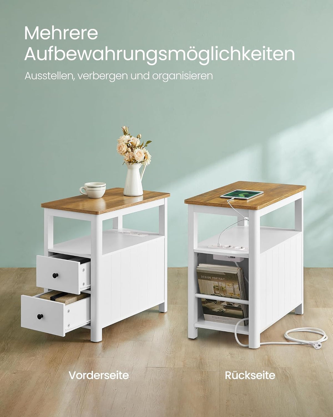 VASAGLE Beistelltisch, schmaler Nachttisch mit Steckdosenleiste, 2 Schubladen, Sofatisch, für kleine