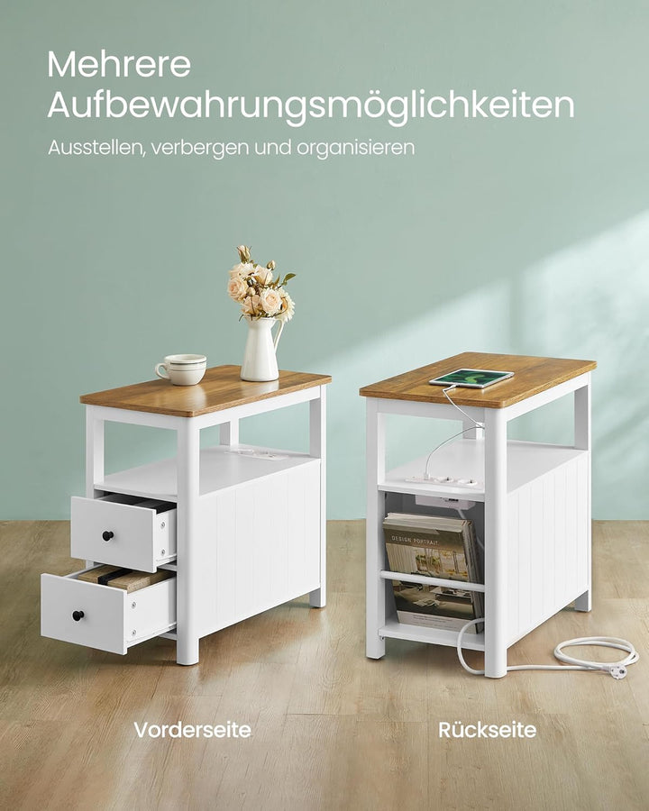 VASAGLE Beistelltisch, schmaler Nachttisch mit Steckdosenleiste, 2 Schubladen, Sofatisch, für kleine