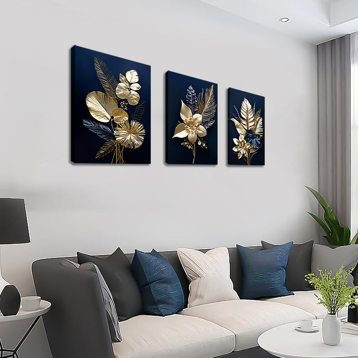 3 Panels 3D Marineblaue Goldblumen Mit Rahmen Leinwand Bilder Monstera Kokosnuss Blätter Bild auf Le