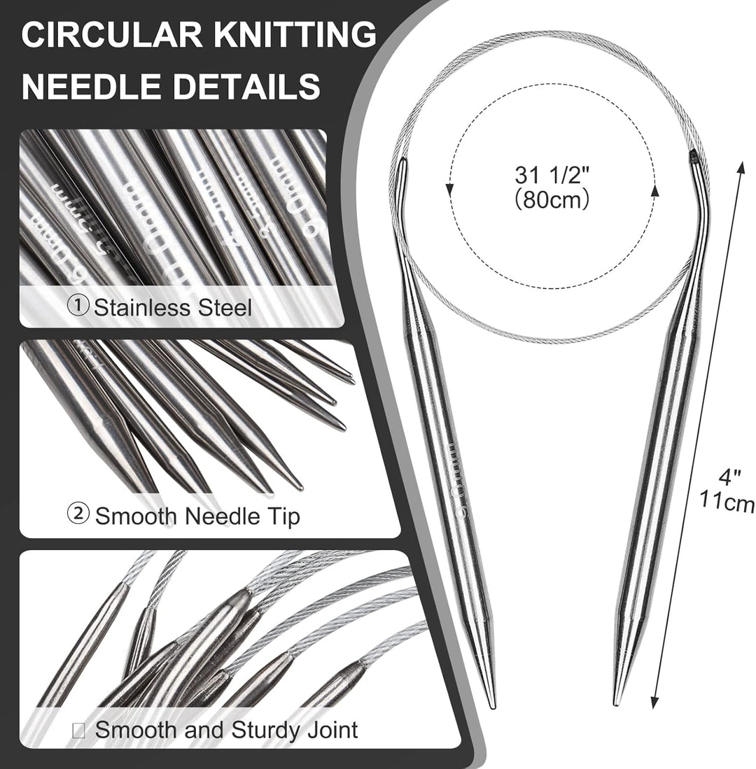 Coopay Rundstricknadeln Set mit Lose-Blat Tasche, 9 Stück Edelstahl Stricknadeln Rundstricknadel 80