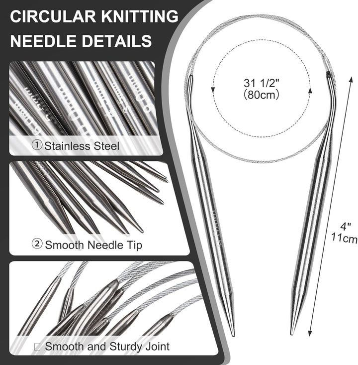 Coopay Rundstricknadeln Set mit Lose-Blat Tasche, 9 Stück Edelstahl Stricknadeln Rundstricknadel 80