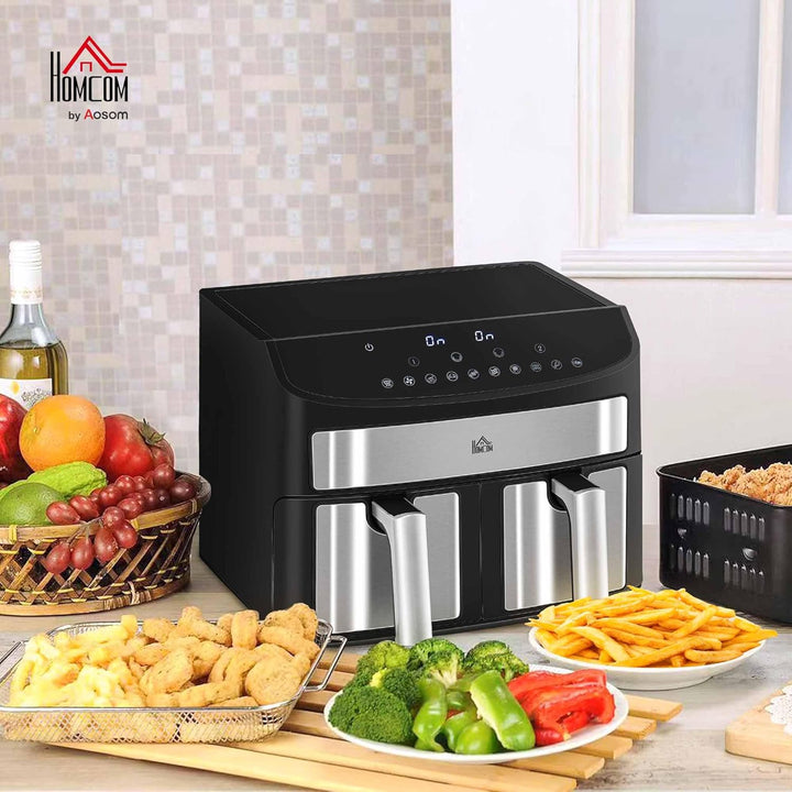HOMCOM Heissluftfritteuse 8L Fritteuse mit Doppelkammer, Airfryer mit 10 Programmen, 2400 W Luftfrit