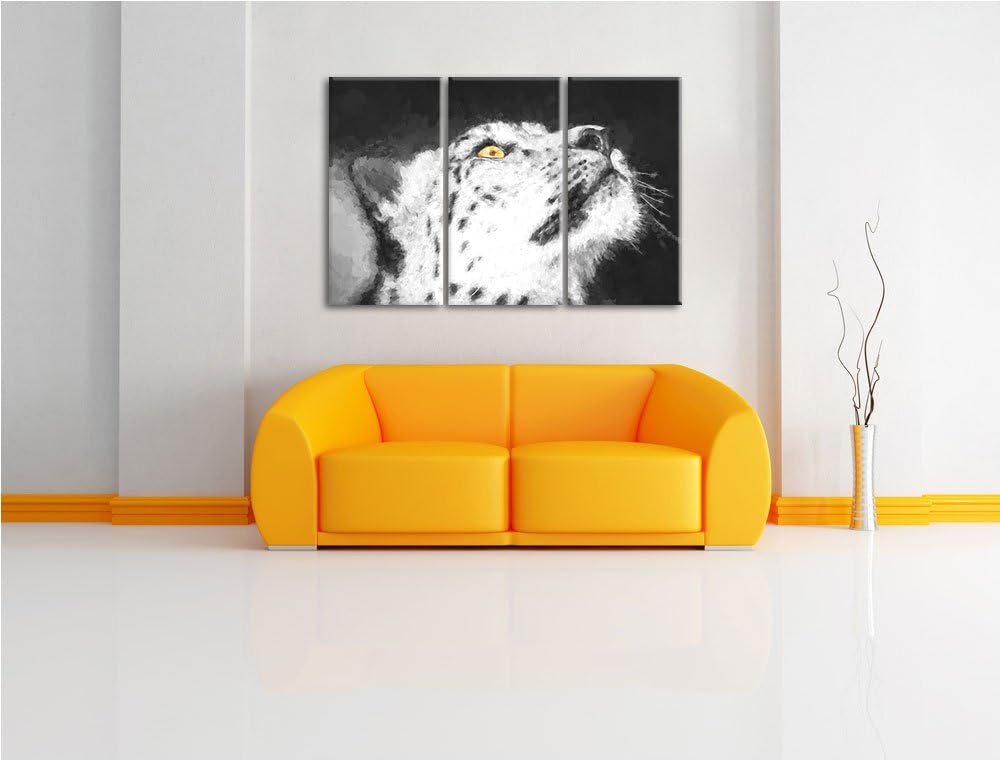 aufschauender Schneeleopard schwarz/weiss Deluxe 3-Teiler Leinwandbild 120x80 Bild auf Leinwand, XXL