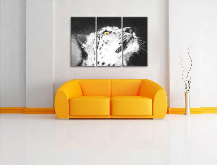 aufschauender Schneeleopard schwarz/weiss Deluxe 3-Teiler Leinwandbild 120x80 Bild auf Leinwand, XXL