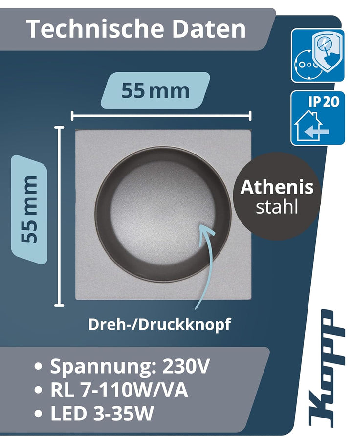 Kopp Athenis Stahl, Druck-Wechsel-Schalter, Kombigerät, LED-Dimmer, für Glüh-Lampen, 230V Halogenlam