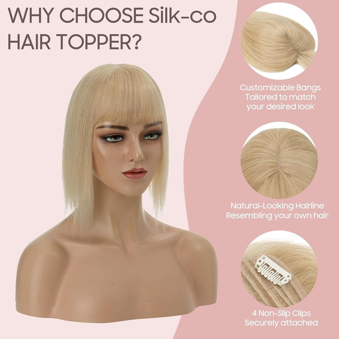 Silk-co Hair Topper Echthaar mit langem Pony, Toupet Damen 10x12cm Basis, Haartopper Echthaar mit Re