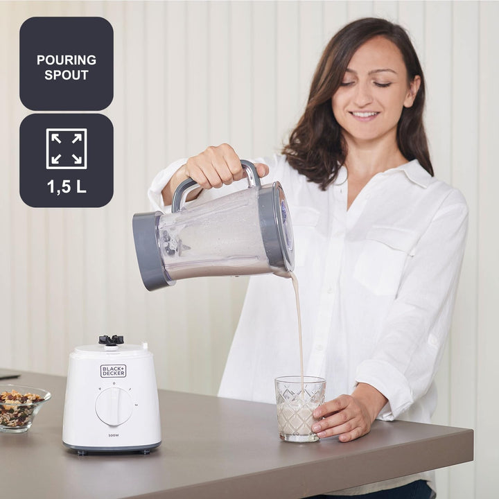 BLACK+DECKER Standmixer | 500W | 2 Geschwindigkeiten | Pulse-Funktion | Glaskrug | 1,5L | Edelstahlm