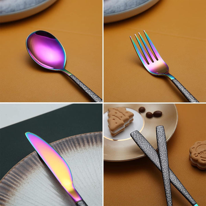 Besteckset 30 Stück Regenbogenkopfbeschichtung mit Schwarzem Marsgriff, Edelstahl Titan Buntes Besch