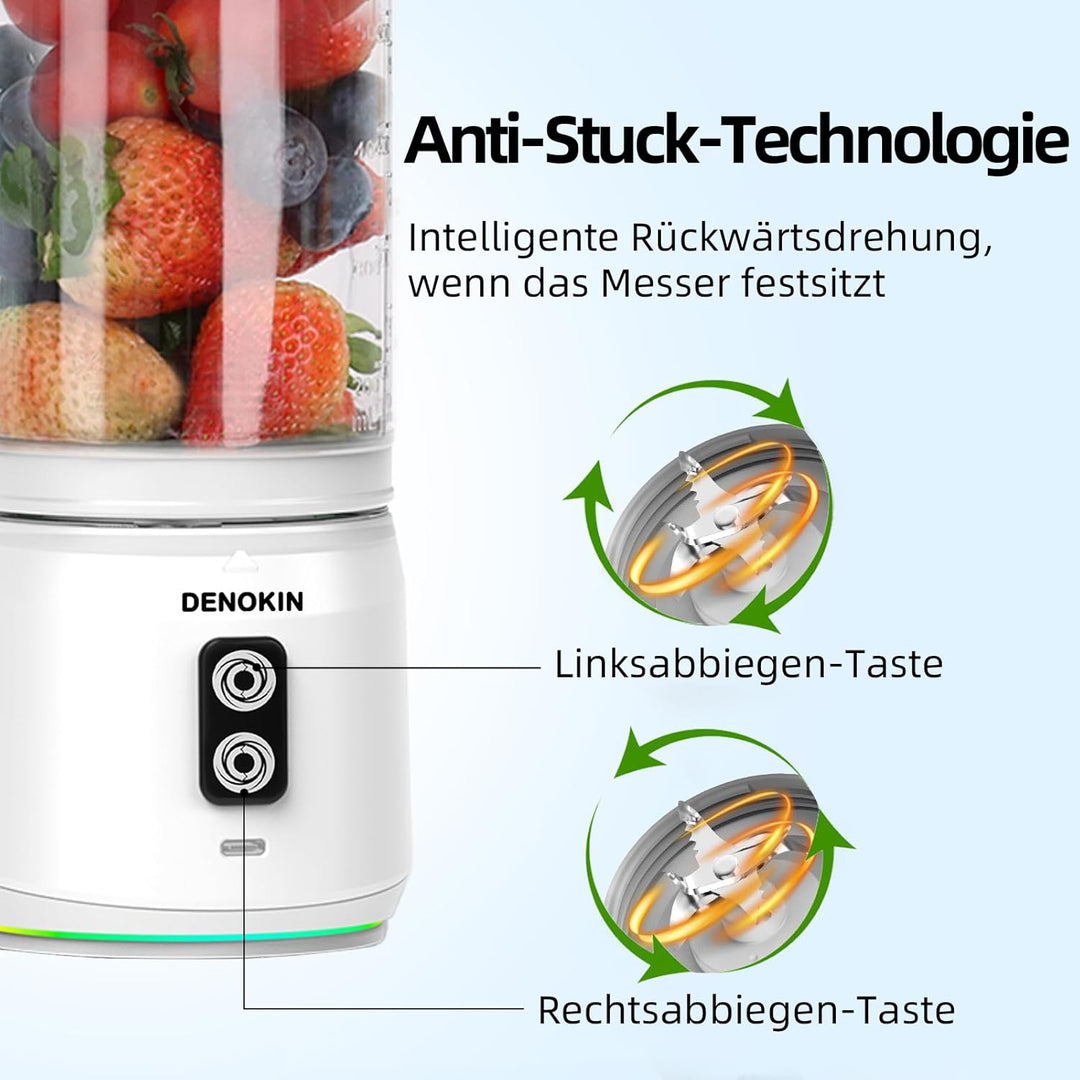 DENOKIN Tragbarer Mixer, 700ml Smoothie Maker to Go, Mini-Standmixer mit 6-Klingen Edelstahl, Wieder
