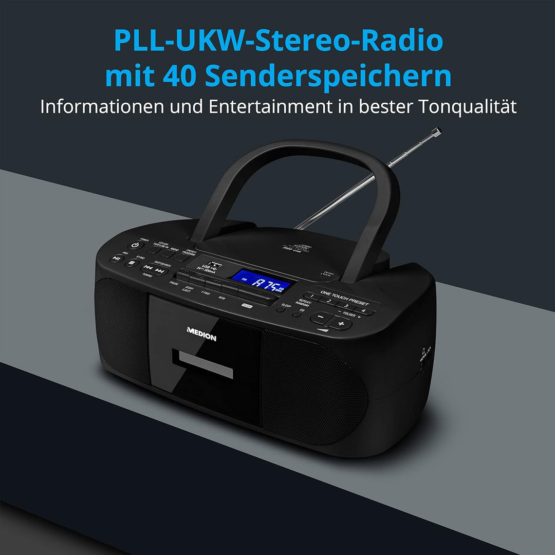 MEDION E65010 Stereoradio (CD-Player, Kassette, USB Anschluss, AUX Audioeingang, MP3-Widergabe. UKW