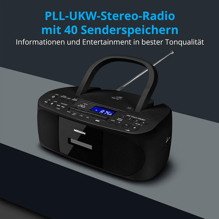 MEDION E65010 Stereoradio (CD-Player, Kassette, USB Anschluss, AUX Audioeingang, MP3-Widergabe. UKW