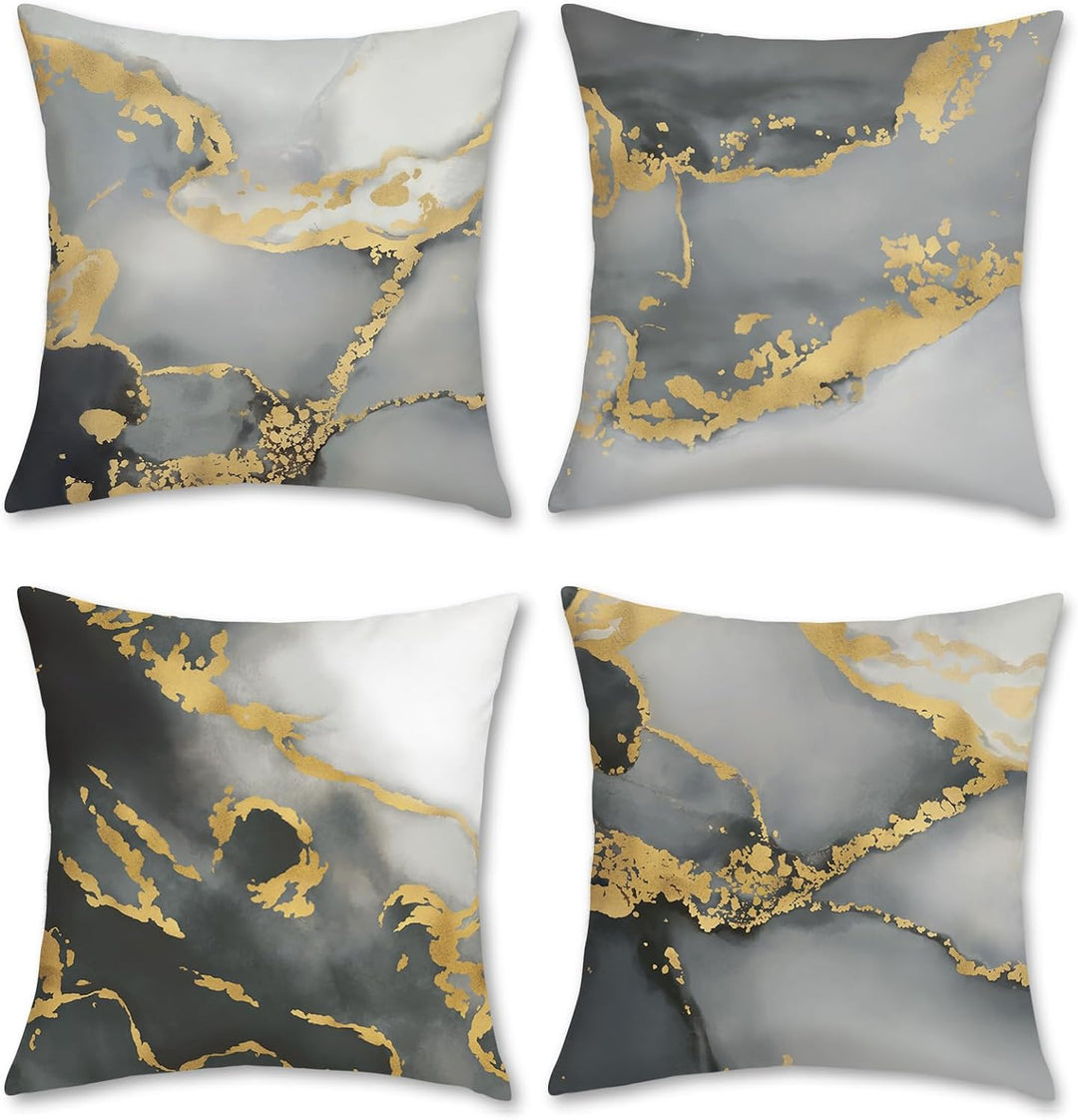 Bonhause 4er Set Kissenbezüge Marmor Grau 45 x 45 cm Doppelseitig Schwarz Gold Abstrakte Kunst Samt