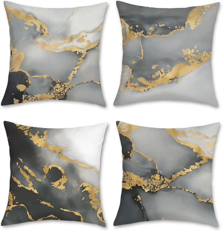 Bonhause 4er Set Kissenbezüge Marmor Grau 45 x 45 cm Doppelseitig Schwarz Gold Abstrakte Kunst Samt