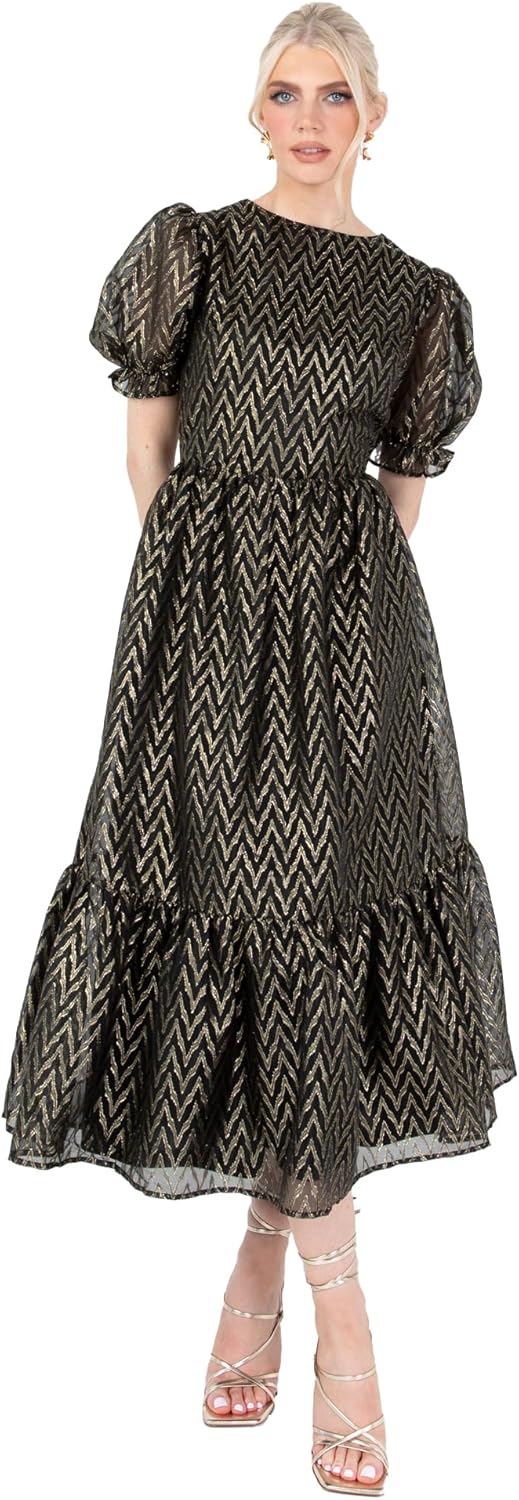 Lovedrobe Damen Women's Midaxi Ladies Round Neck Short Puff Sleeves Metallic Zig-zag Tie-Back A-line