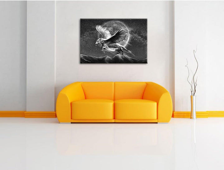 Pixxprint Wolf mit Flügeln Kunst B&W / 100x70cm Leinwandbild bespannt auf Holzrahmen/Wandbild Kunstd