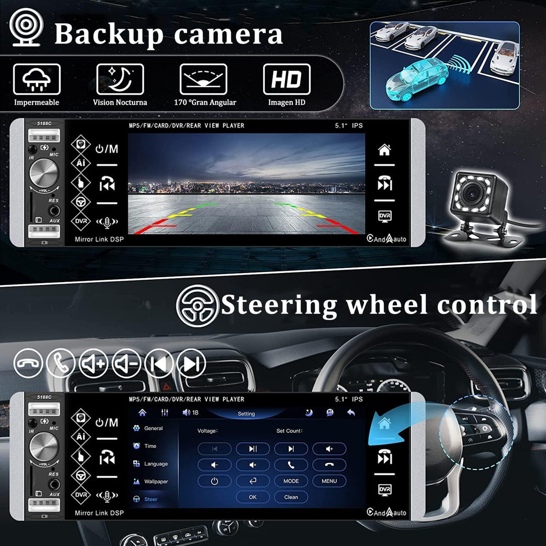 CAMECHO Autoradio 1 Din mit Carplay,5,1 Zoll Bildschirm MP5 Player mit Andorid Auto/Bluetooth Freisp
