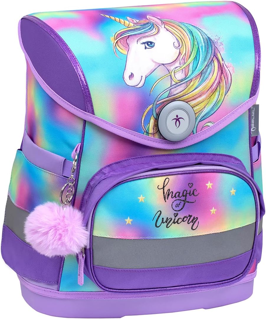 Belmil ergonomischer Schulranzen Set 4 -teilig für Mädchen 1-4 Klasse Grundschule/Brustgurt/Magnetve