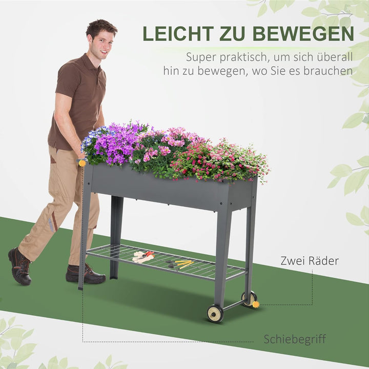 Outsunny Hochbeet mit Rädern und Regal für Garten und Balkon Kräuterbeet Pflanzenbeet Metall Kunstst