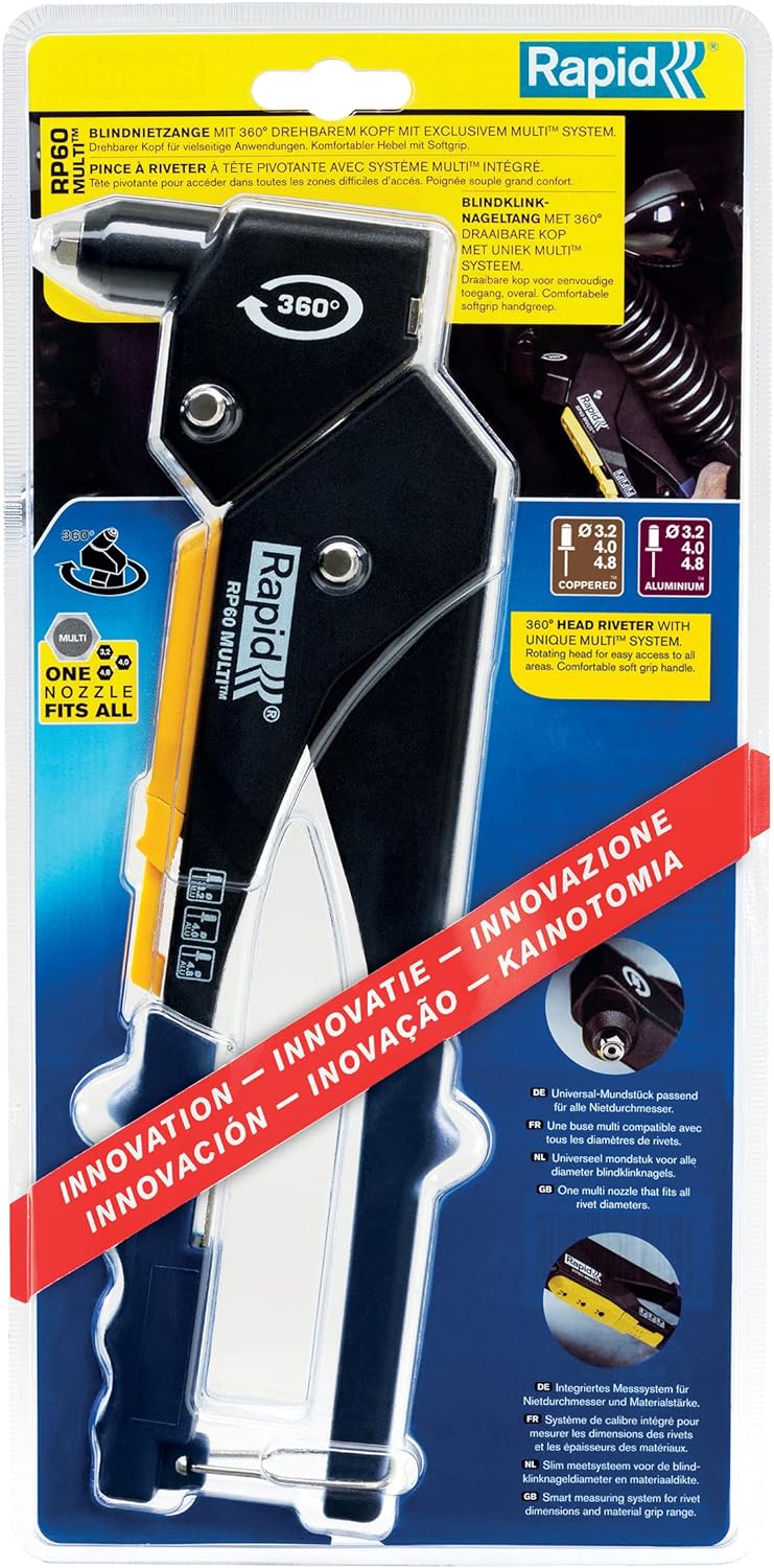 Rapid Blindnietzange RP60 Multi, Nietzange mit 360° drehbarem Kopf, Universal mundstück und integrie