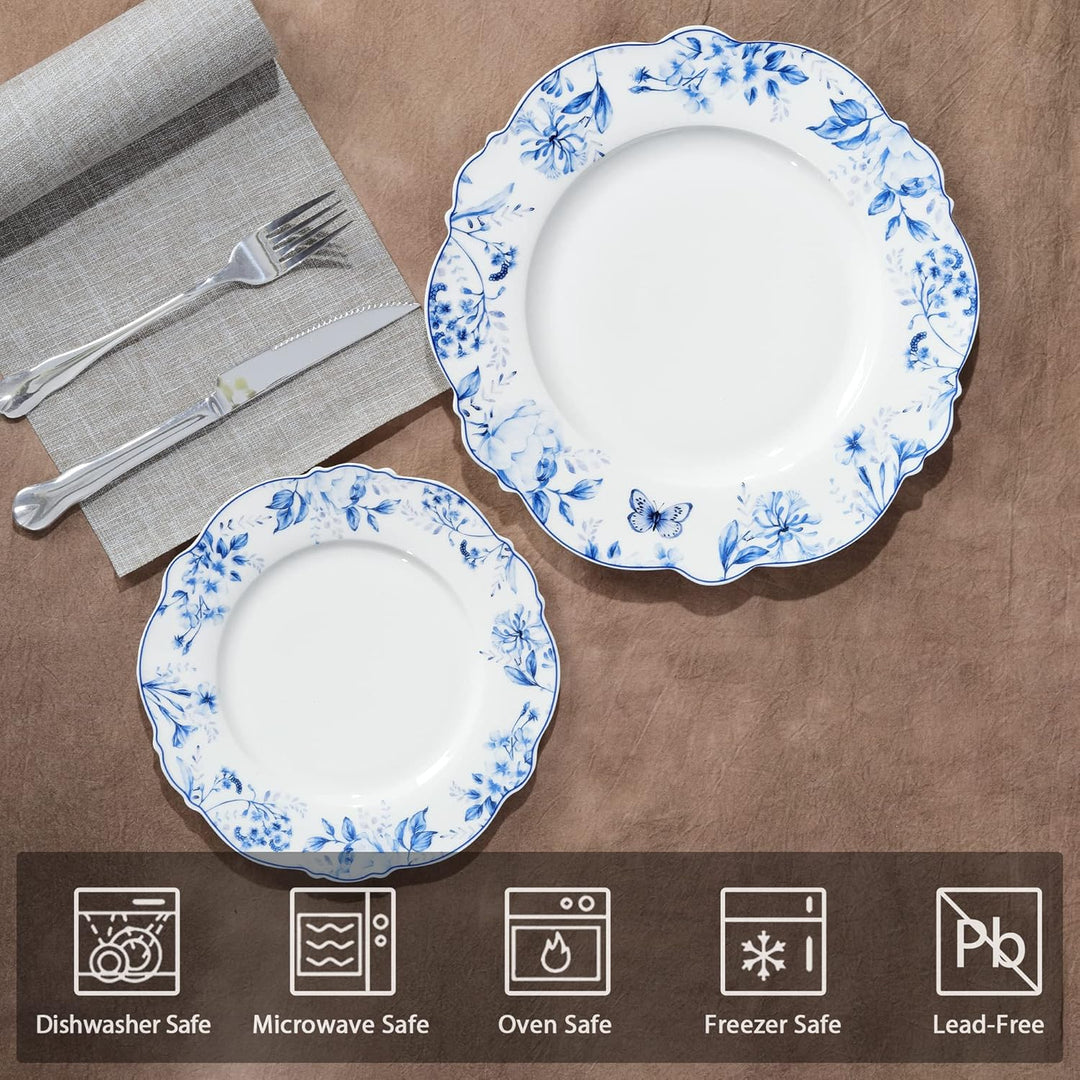 fanquare Keramik Teller 4-er Set, Runde Speiseteller Porzellan Blaues Blumen Muster, Geschirr Teller