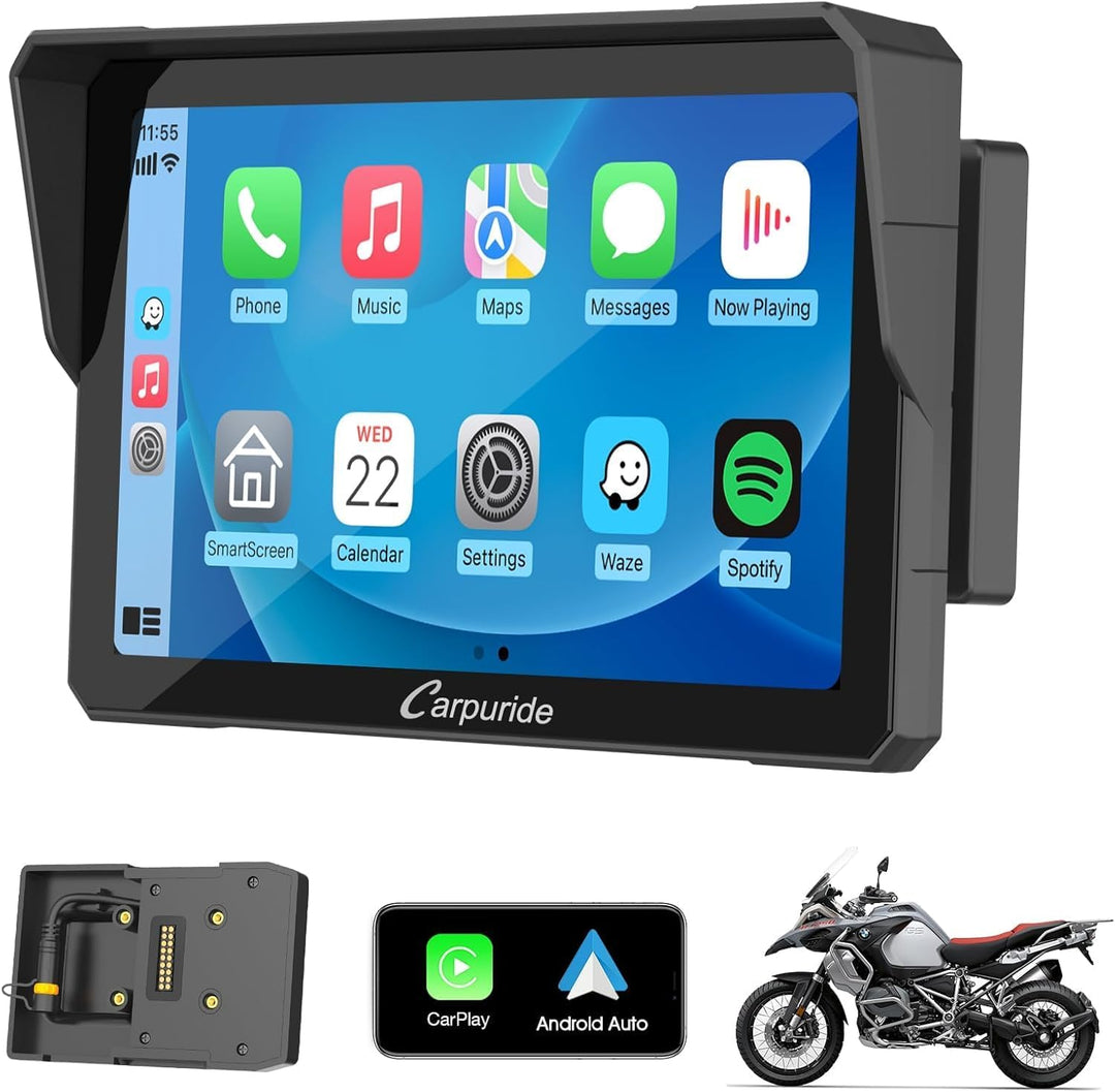 Carpuride W702B Motorrad GPS Carplay Bildschirm mit Design Halterung für BMW Motorräder, Kabelloses