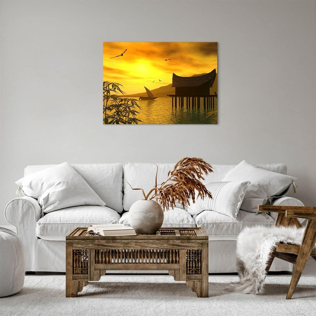 ARTTOR Bilder auf Leinwand Asien Berg Meer Felsen Leinwandbild 70x50cm Wandbilder Dekoration Wohnzim