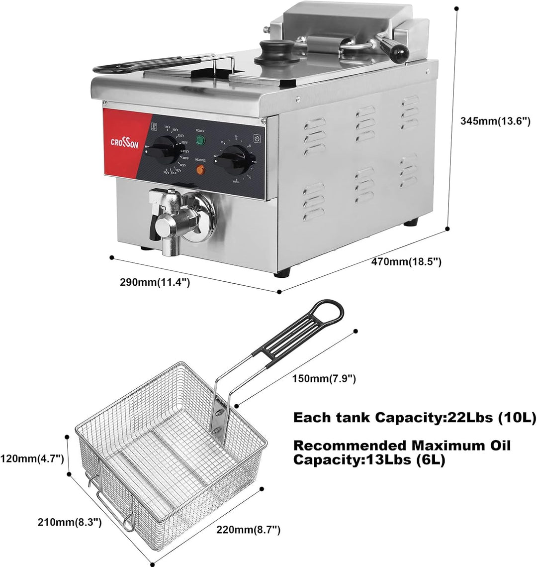 CROSSON 6L elektrische Arbeitsplattenfritteuse Extra gross mit Abfluss, Timer, Korb und Deckel für d