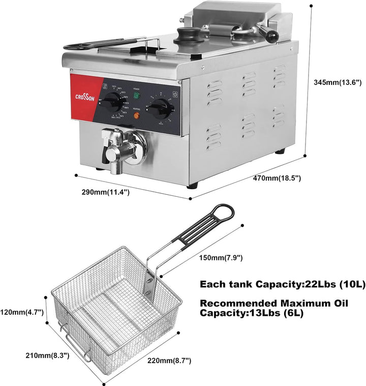 CROSSON 6L elektrische Arbeitsplattenfritteuse Extra gross mit Abfluss, Timer, Korb und Deckel für d
