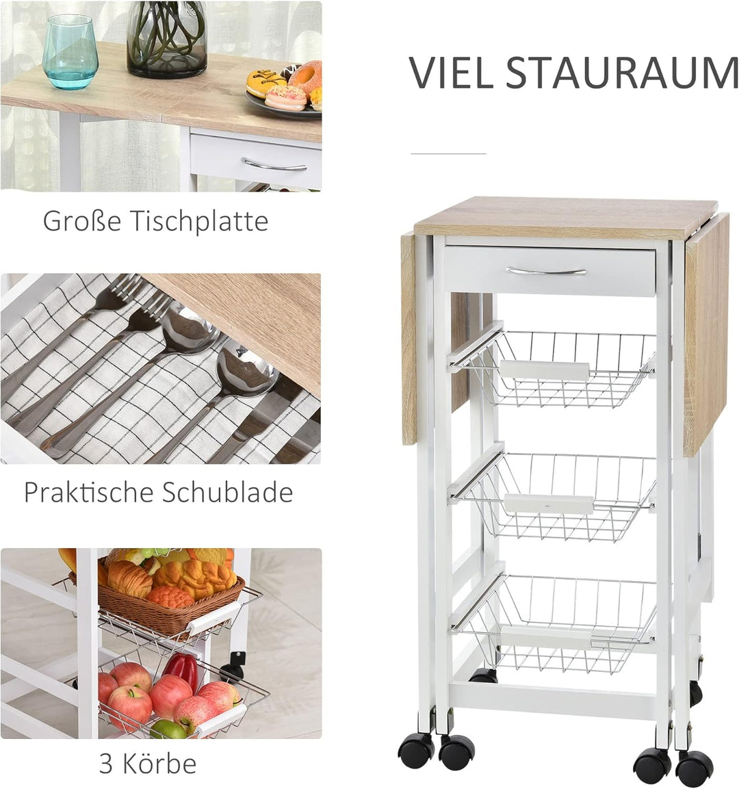 HOMCOM Küchenwagen faltbar Rollwagen Servierwagen Schublade mit 3 Körben 6 Universal-Rollen für Küch