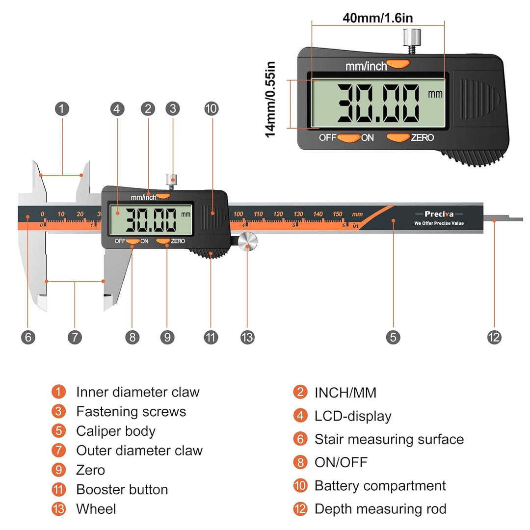 Digital Messschieber, 150mm / 6-Zoll Digitale Schieblehre mit grossem LCD-Display für Aussen-, Innen