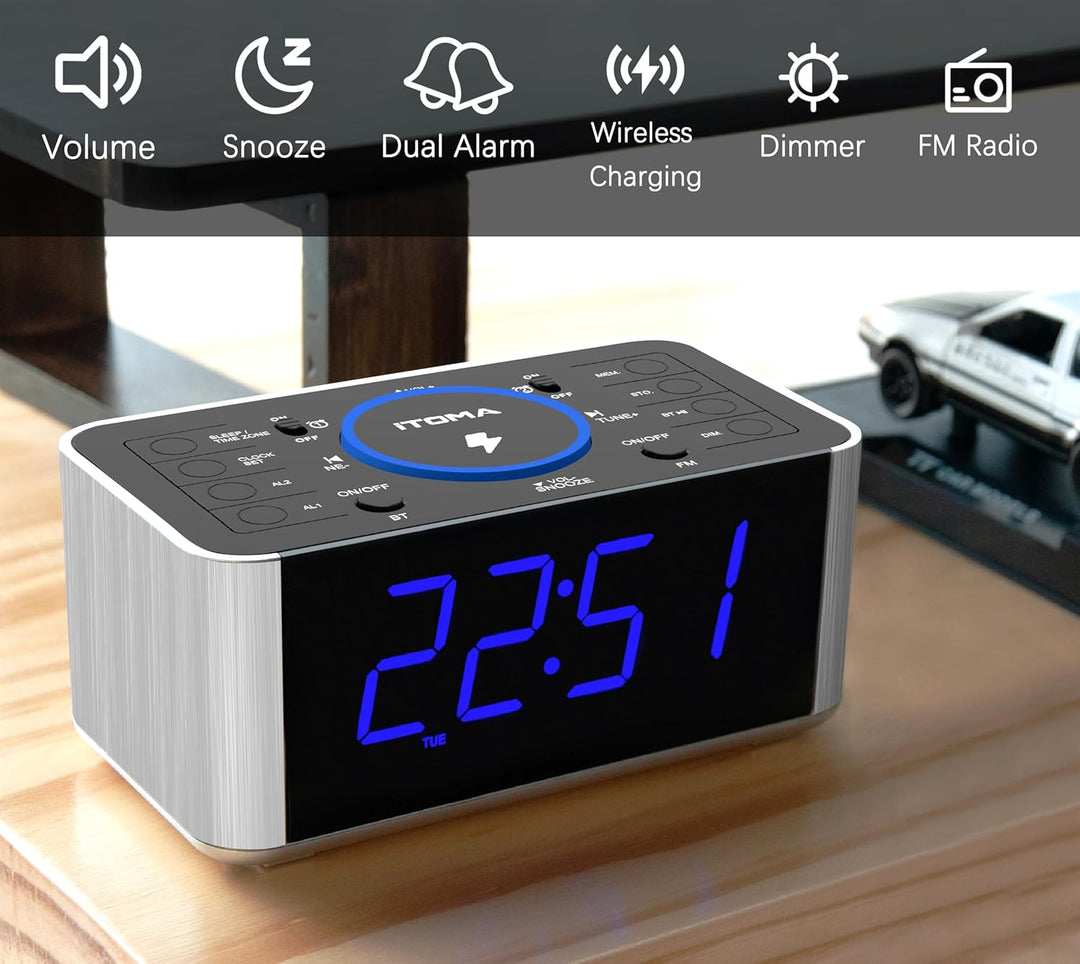 iTOMA Radiowecker Kabelloses Laden, Snooze, Digitales UKW-Radio mit Bluetooth Dual Alarm, Dimmer LED