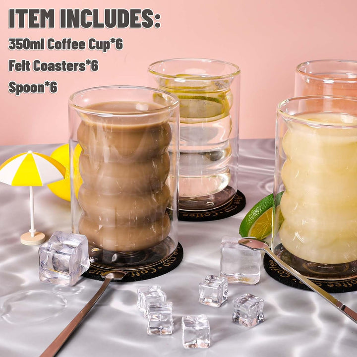 Mkitnvy 6er Set Latte Macchiato GläSer,350ML Doppelwandige GläSer mit 6 Löffeln und 6 Untersetzern,