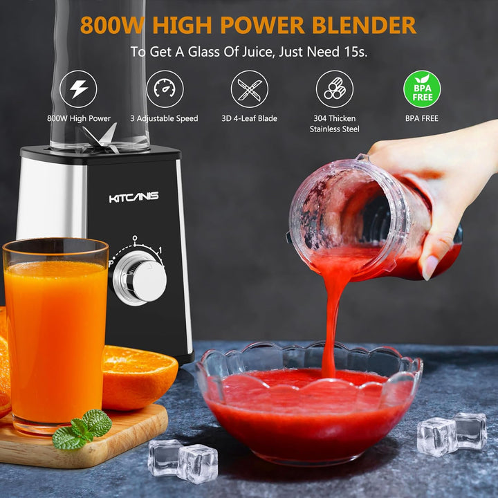 KITCANIS 3-in-1 Mixer Smoothie Maker, 800W Mini Standmixer Blender elektrisch, 3 einstellbare Geschw