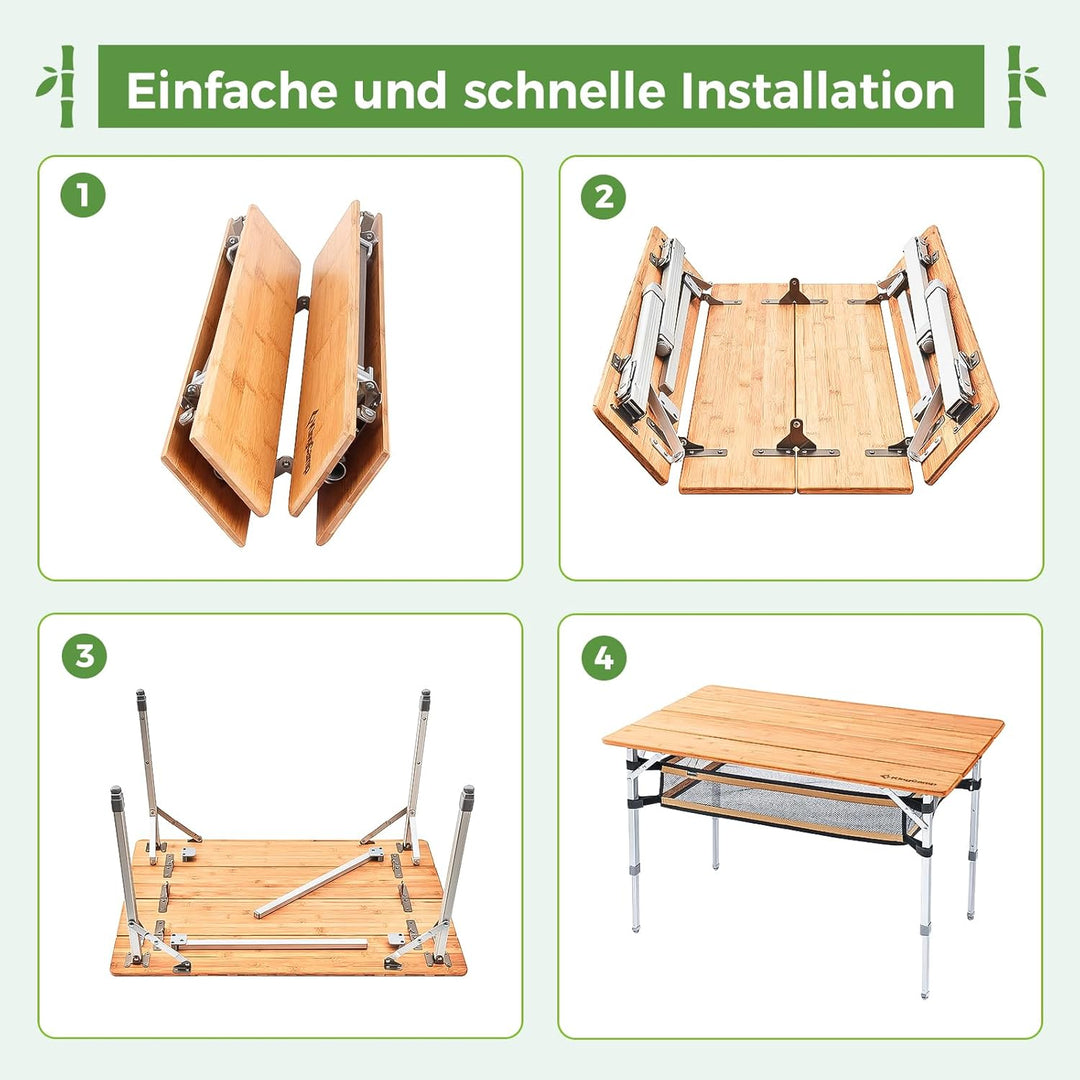 KingCamp Falten Bambus Campingtisch Klapptisch Verstellbare Höhe Aluminiumrahmen für Outdoor Camping