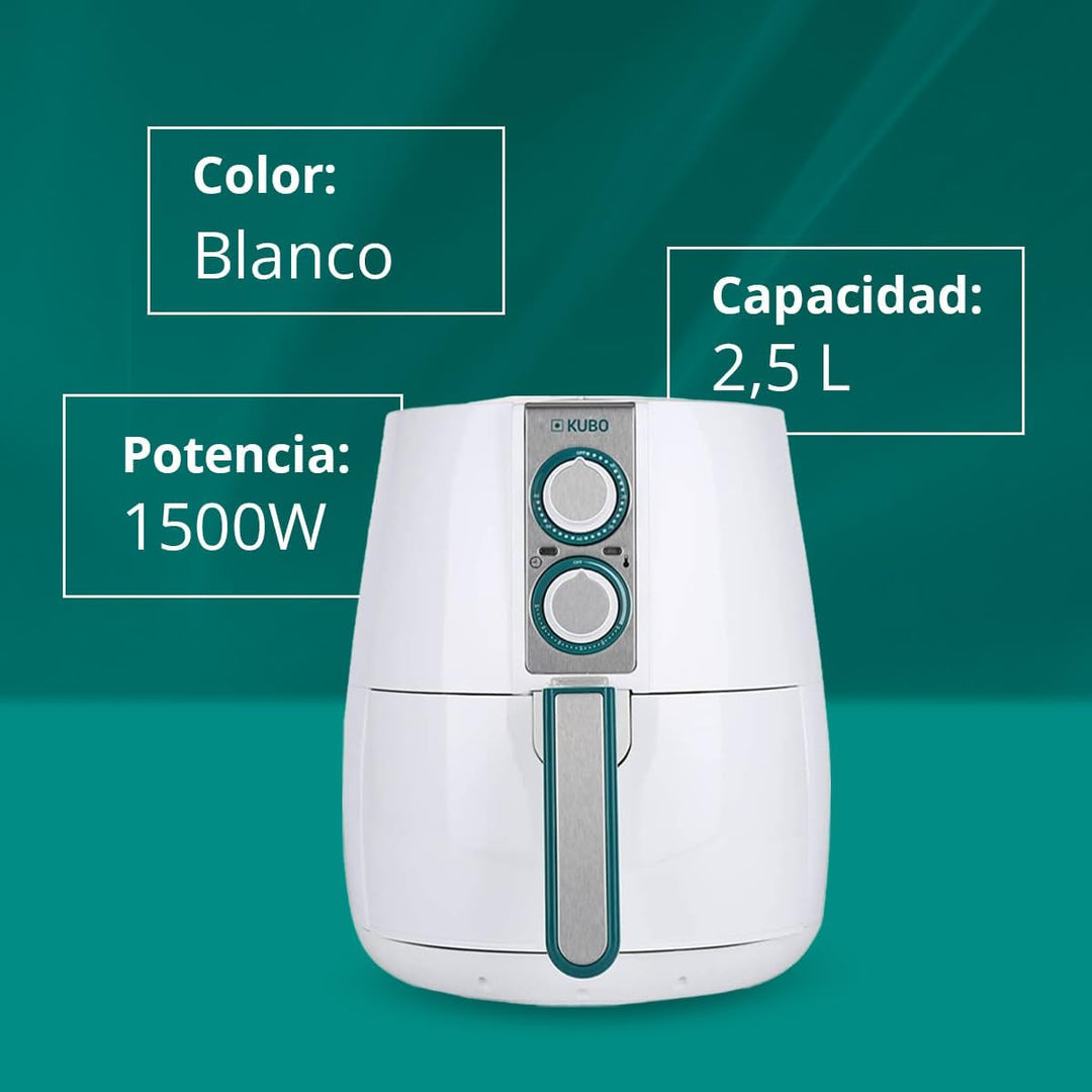 Kubo 2,5-Liter-ölfreie Fritteuse, Heissluftfritteuse, 1500 W, einstellbare Temperatur, Timer, Weiss,
