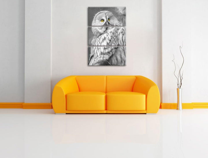 grosse anmutige Eule auf Ast schwarz/weiss Deluxe 3-Teiler Leinwandbild 120x80 Bild auf Leinwand, XX