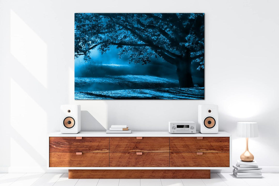 deyoli traumhafter roter Ahornbaum Format 80x60 Effekt: Monocrome Blau als Leinwandbild, Motiv ferti