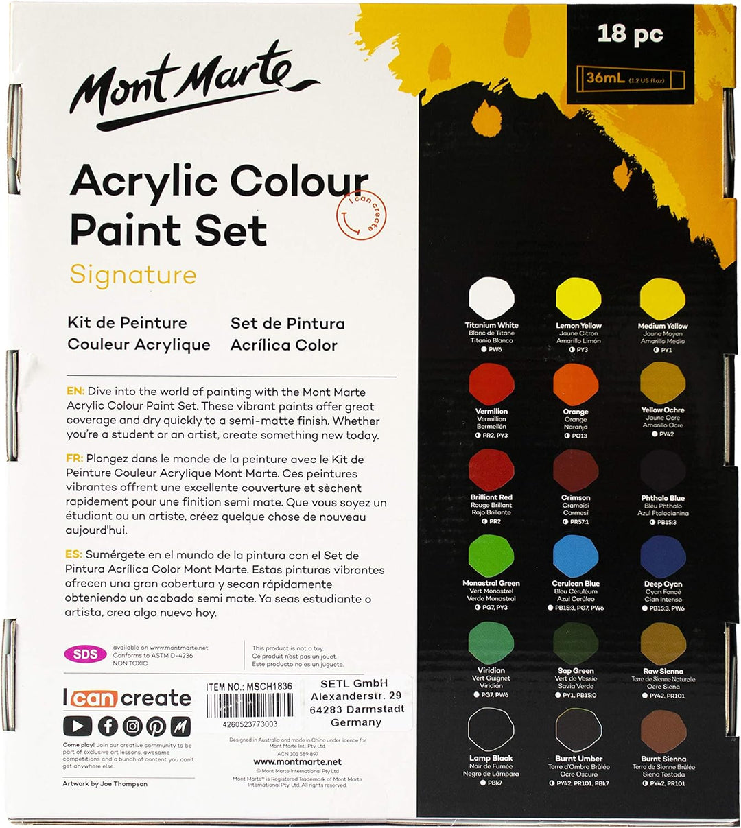 Mont Marte Acrylfarben Set Premium โ 18 x 36ml โ Ideal fรผr Acrylmalerei โ Brillante Lichtechte Farbe