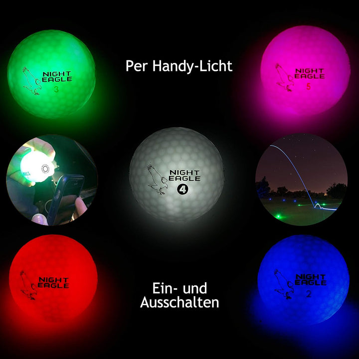Night Eagle 6 LED Golfbälle Light-Up - Nachtgolf leuchten Rot Blau Grün Pink Weiss Fun Sport Lustig