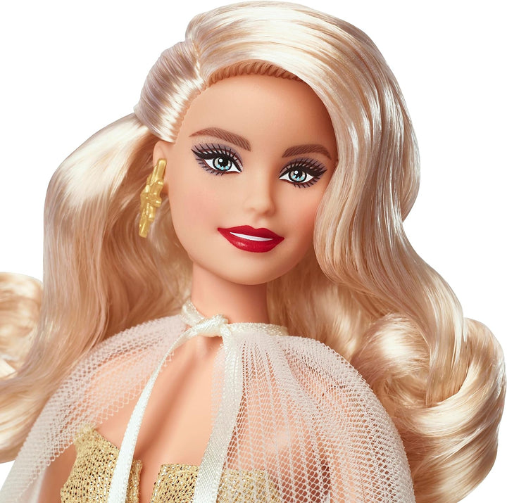 BARBIE 2023 Holiday Puppe - 35. Jubiläumsedition mit goldenem Kleid, glitzernden Sternendetails und