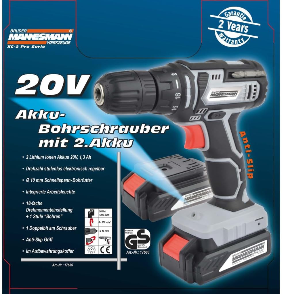 Brüder Mannesmann M17685 Li-Ionen Akku Bohrschrauber 20 V inkl. 2. Akku, inkl. 2. Akku