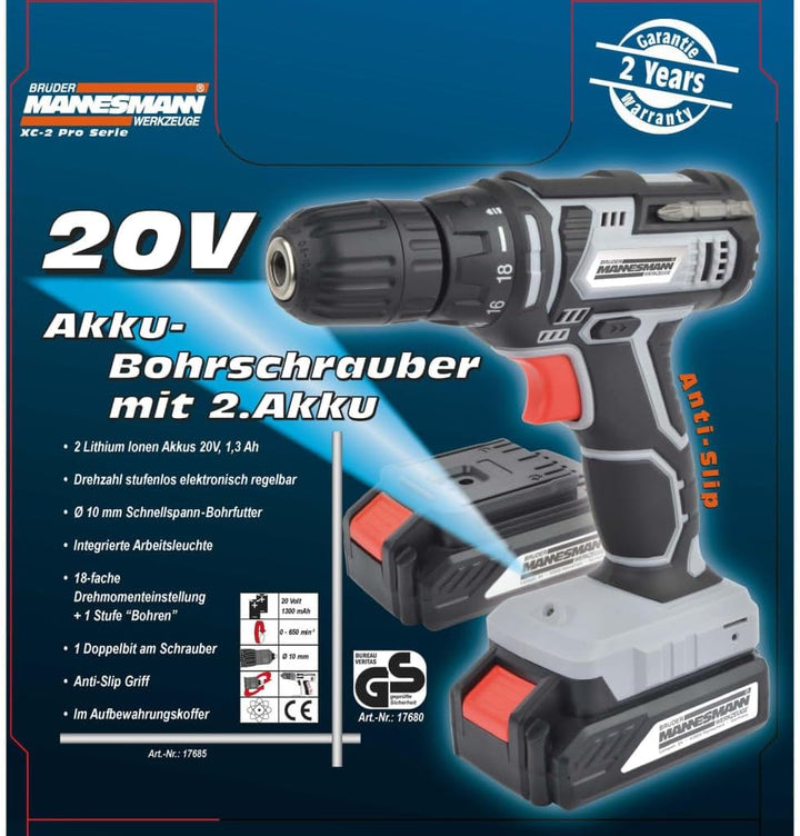 Brüder Mannesmann M17685 Li-Ionen Akku Bohrschrauber 20 V inkl. 2. Akku, inkl. 2. Akku